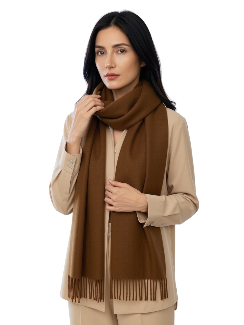 Aquascutum London Lambswool Brown Fringe Scarf